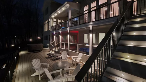 Composite deck with lighting and fire pit